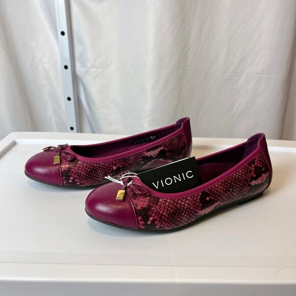 NWT Vionic Minna Ballet Flats Women’s 7 Snakeskin Magenta Bow Orthopedic Office - Picture 1 of 6